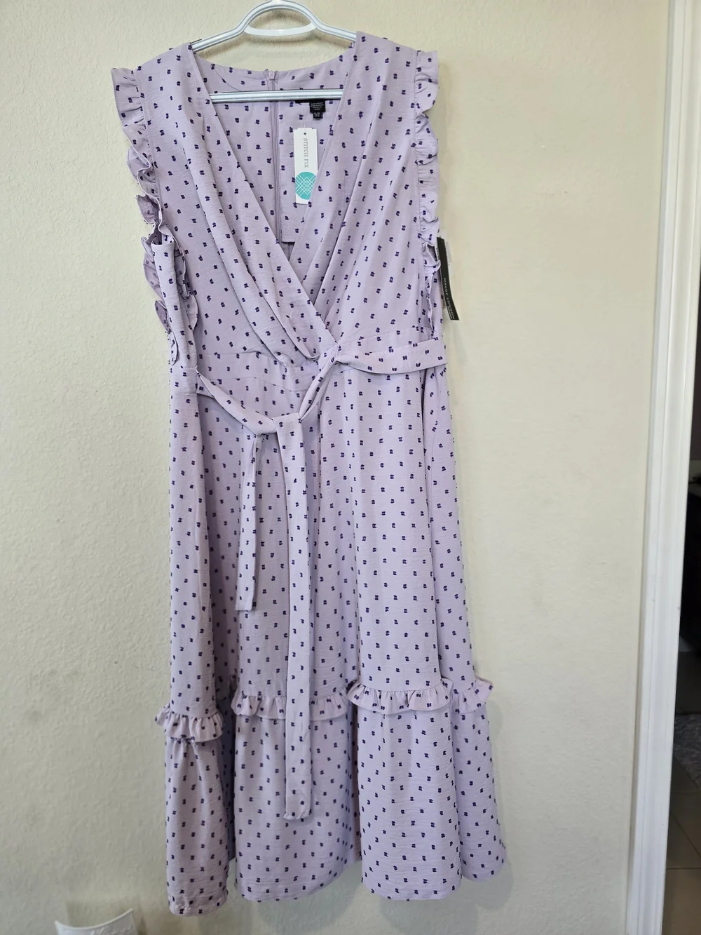 NWT Maggy London Woman Lilac Polka Dot Ruffle Wrap Dress Sz 16W